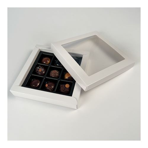 Witte doos + zwarte blister voor 9 standaard pralines - 100 pcs