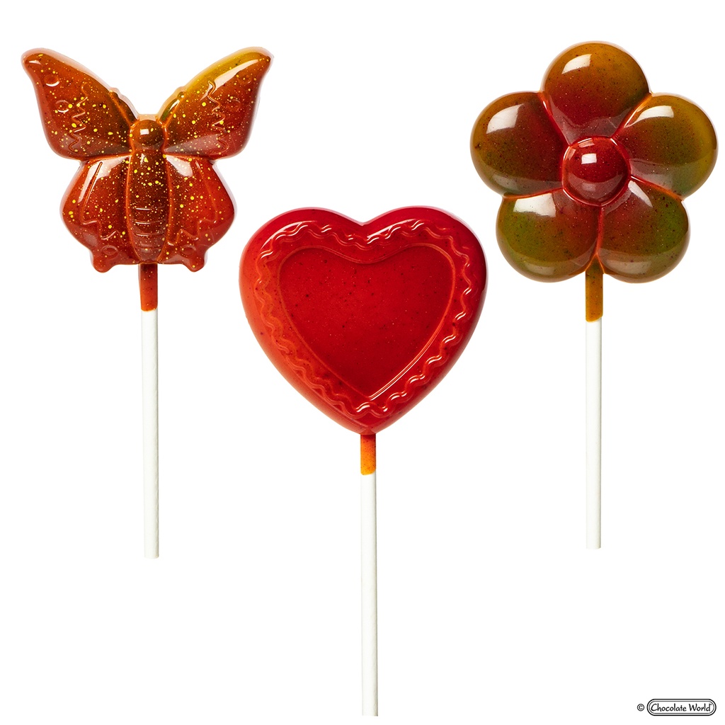 Stampo di cioccolato lecca lecca farfalla + fiore + cuore