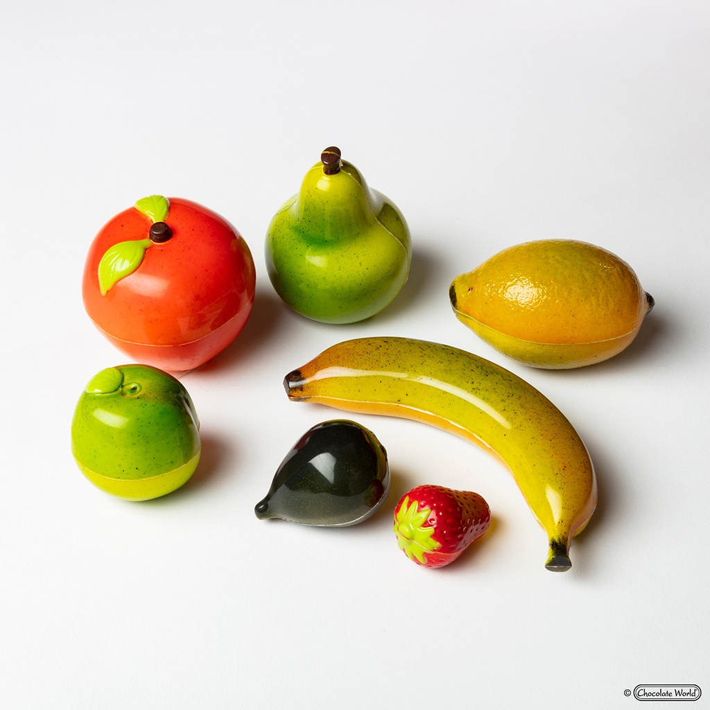 Schokoladenform Banane, Erdbeere, Feige, Zitrone, Aprikose, Apfel, Birne
