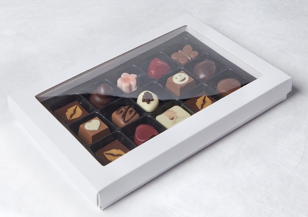 [VV0203] Caja blanca con tapa transparante para 15 bombones estándares +/- 100 pcs